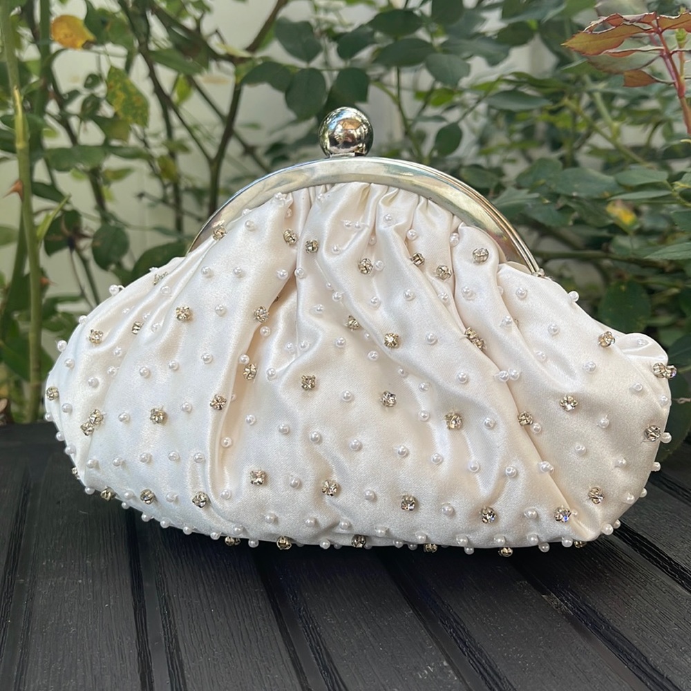 Ivory Satin Rhinestone & Pearl Clutch